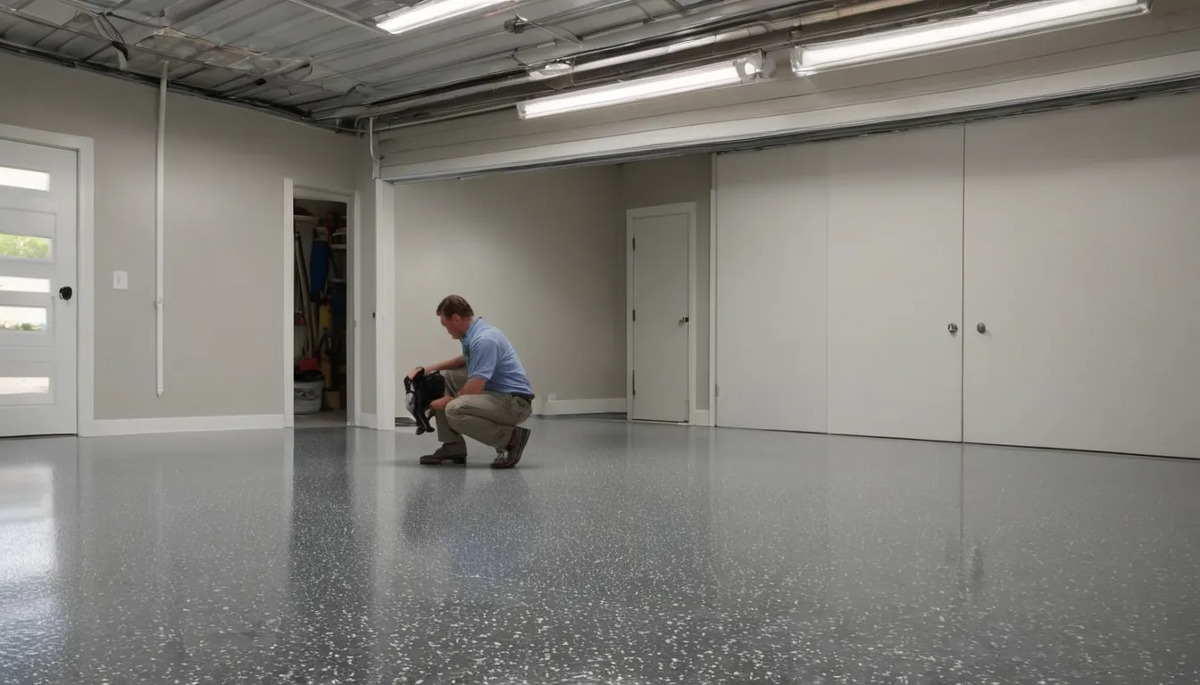 A freshly coated epoxy garage floor with gray flakes in a clean home garage in New Berlin